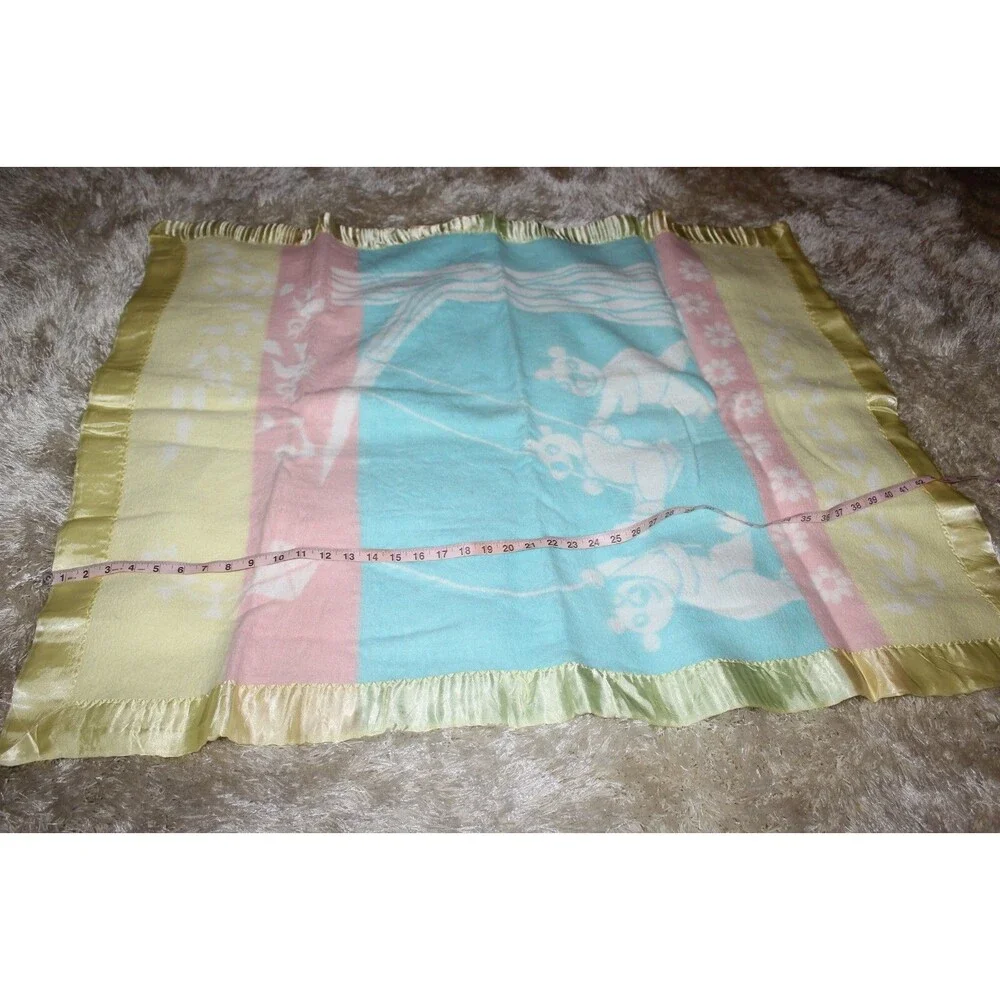 Vintage Baby Crib Blanket Yellow Teddy Bears On A Swing Satin Edge 35x43